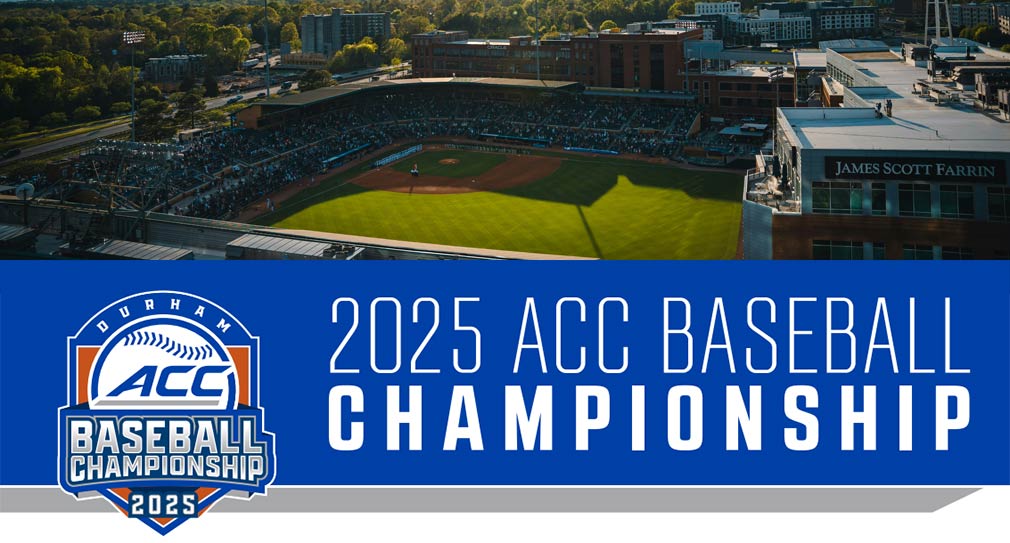 Graphic showing ACC Baseball Championship Tournament logo with white sans-serif type over royal blue background and photo of Durham Bulls stadium above