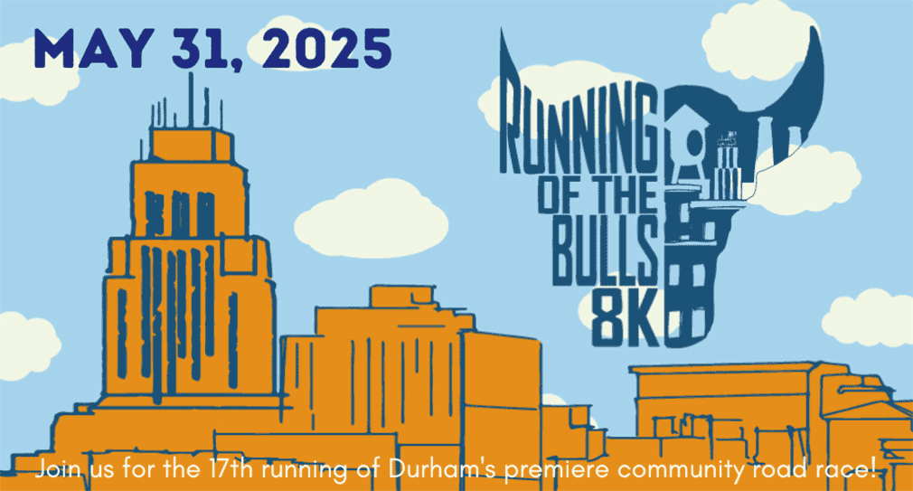Graphic showing Running of the Bulls Bull City 8K logo in blue over orange illustration of Durham