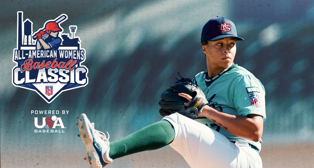 Graphic showing All American Womens Baseball Classic logo over photo of a female baseball player