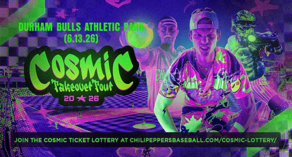 Photo of baseball players in glow in the dark uniforms with overlaying florescent green type