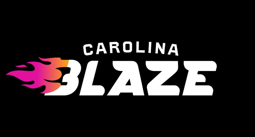 Carolina Blaze Logo - White type with pink-orange flame to left of letter B over black background
