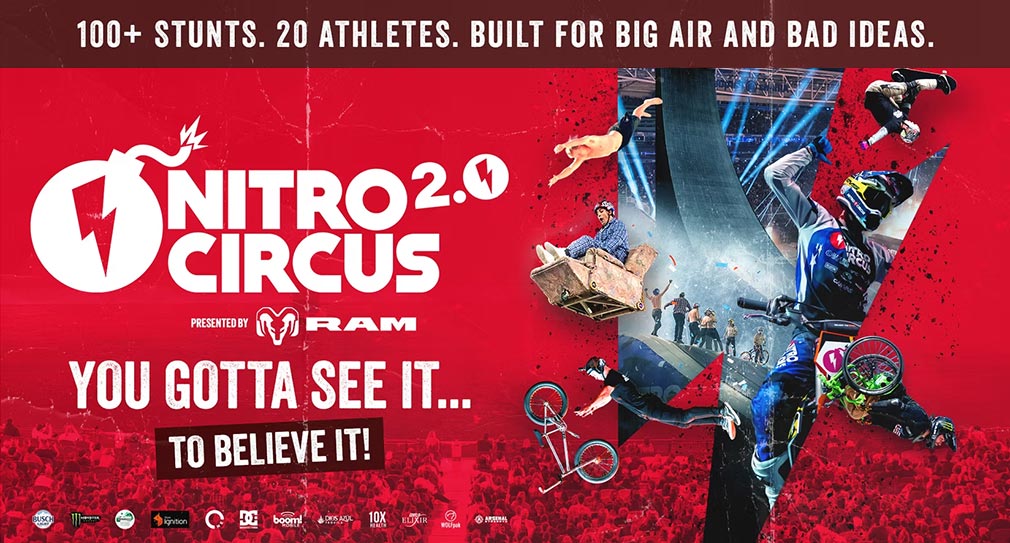 Graphic showing Nitro Circus in white sans-serif type with collage of sports photos on red background