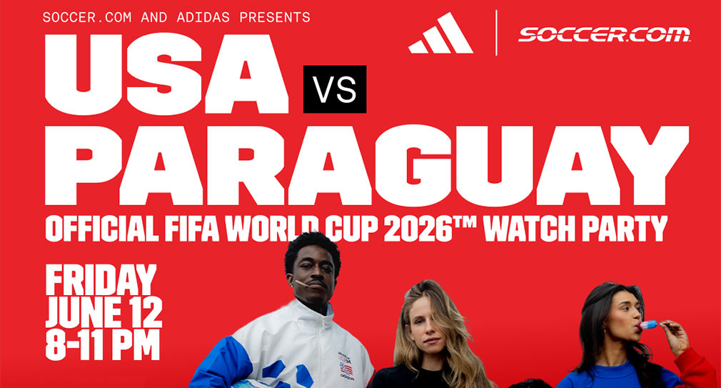Graphic showing soccer players with white sans-serif type