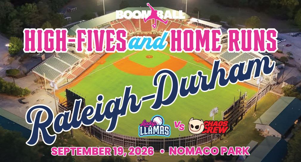 Graphic showing baseball stadium with magenta, cyan, and navy blue collegiate type